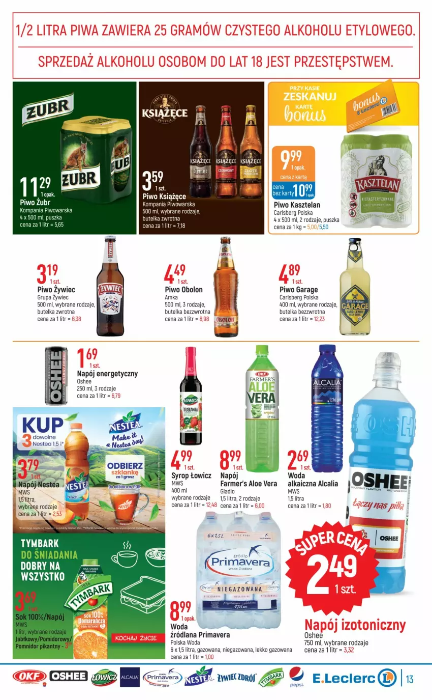 Gazetka promocyjna E Leclerc - ważna 27.09 do 08.10.2022 - strona 13 - produkty: Aloe vera, Carlsberg, Fa, Kasztelan, Książęce, LANA, Napój, Napój energetyczny, Oshee, Pepsi, Piwo, Prima, Primavera, Syrop, Woda