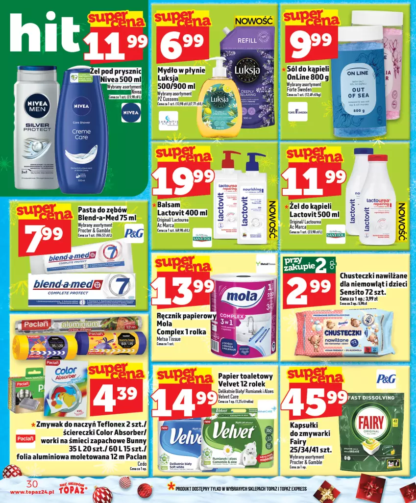 Gazetka promocyjna Topaz - Gazetka - ważna 04.12 do 10.12.2025 - strona 30 - produkty: Blend-a-Med, Chusteczki, Dzieci, Fa, Fairy, Folia aluminiowa, Gin, Luksja, Mola, Mydło, Mydło w płynie, Nivea, Papier, Papier toaletowy, Pasta do zębów, Ręcznik, Rum, Sanytol, Sito, Sól, Sól do kąpieli, Top, Velvet, Worki na śmiec, Worki na śmieci, Zmywarki