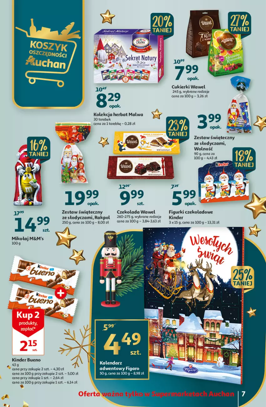 Gazetka promocyjna Auchan - Gazetka Koszyk Oszczędności Auchan Supermarkety - ważna 17.11 do 23.11.2022 - strona 7 - produkty: Cukier, Cukierki, Czekolada, Kalendarz, Kinder, Kinder Bueno, Wawel