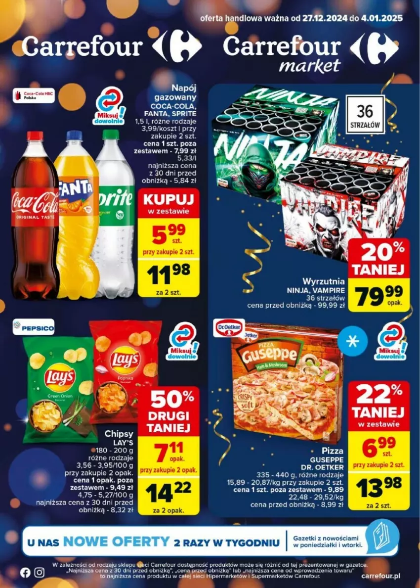 Gazetka promocyjna Carrefour - ważna 27.12.2024 do 04.01.2025 - strona 1 - produkty: Coca-Cola, Dr. Oetker, Fa, Fanta, Gin, Napój, Pizza, Sprite, Wyrzutnia