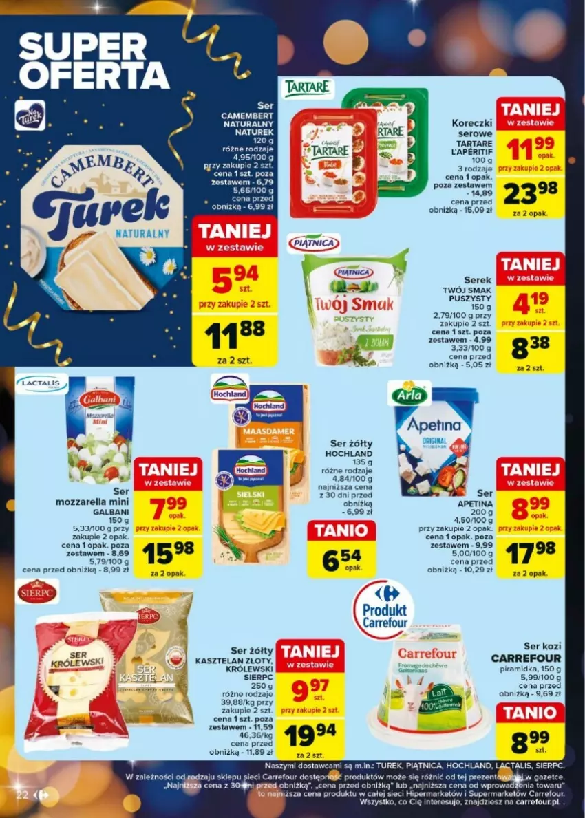 Gazetka promocyjna Carrefour - ważna 27.12.2024 do 04.01.2025 - strona 15 - produkty: Galbani, Gin, Hochland, Kasztelan, Królewski, Mozzarella, NaTurek, Piątnica, Ser, Ser kozi, Serek, Tarta, Tartare, Twój Smak