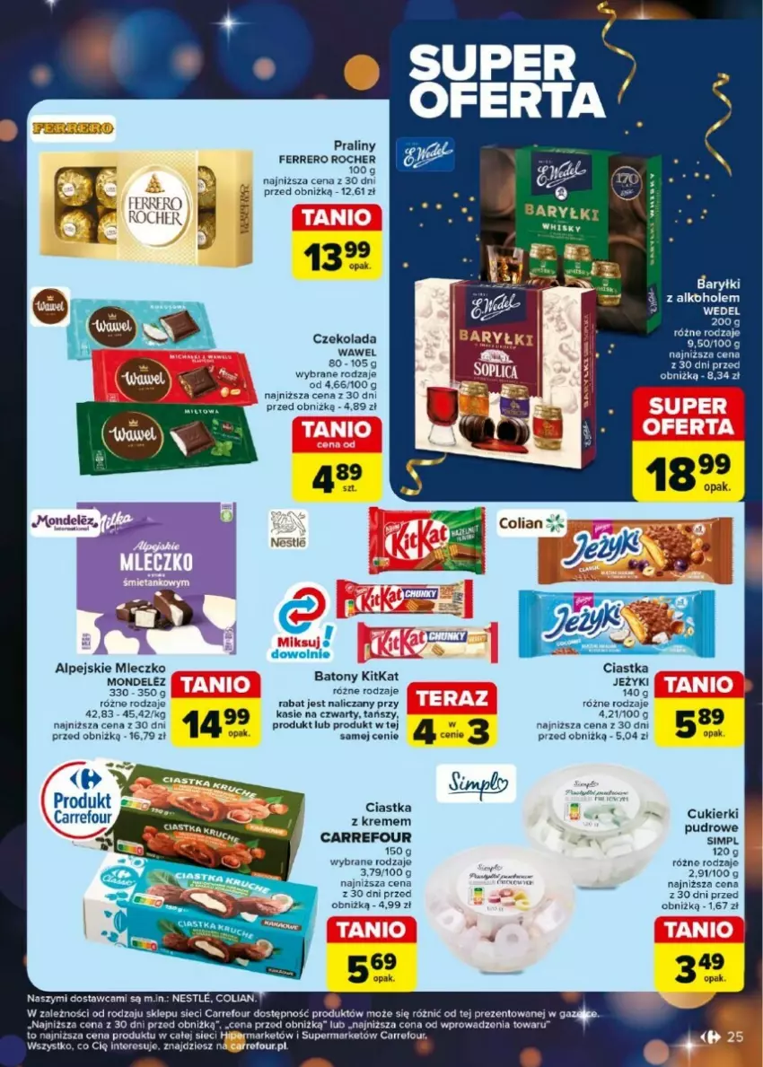 Gazetka promocyjna Carrefour - ważna 27.12.2024 do 04.01.2025 - strona 18 - produkty: Alkohole, Baryłki, Baton, Ciastka, Cukier, Cukierki, Czekolada, Ferrero, Ferrero Rocher, Jeżyki, Mleczko, Praliny, Wawel, Whisky