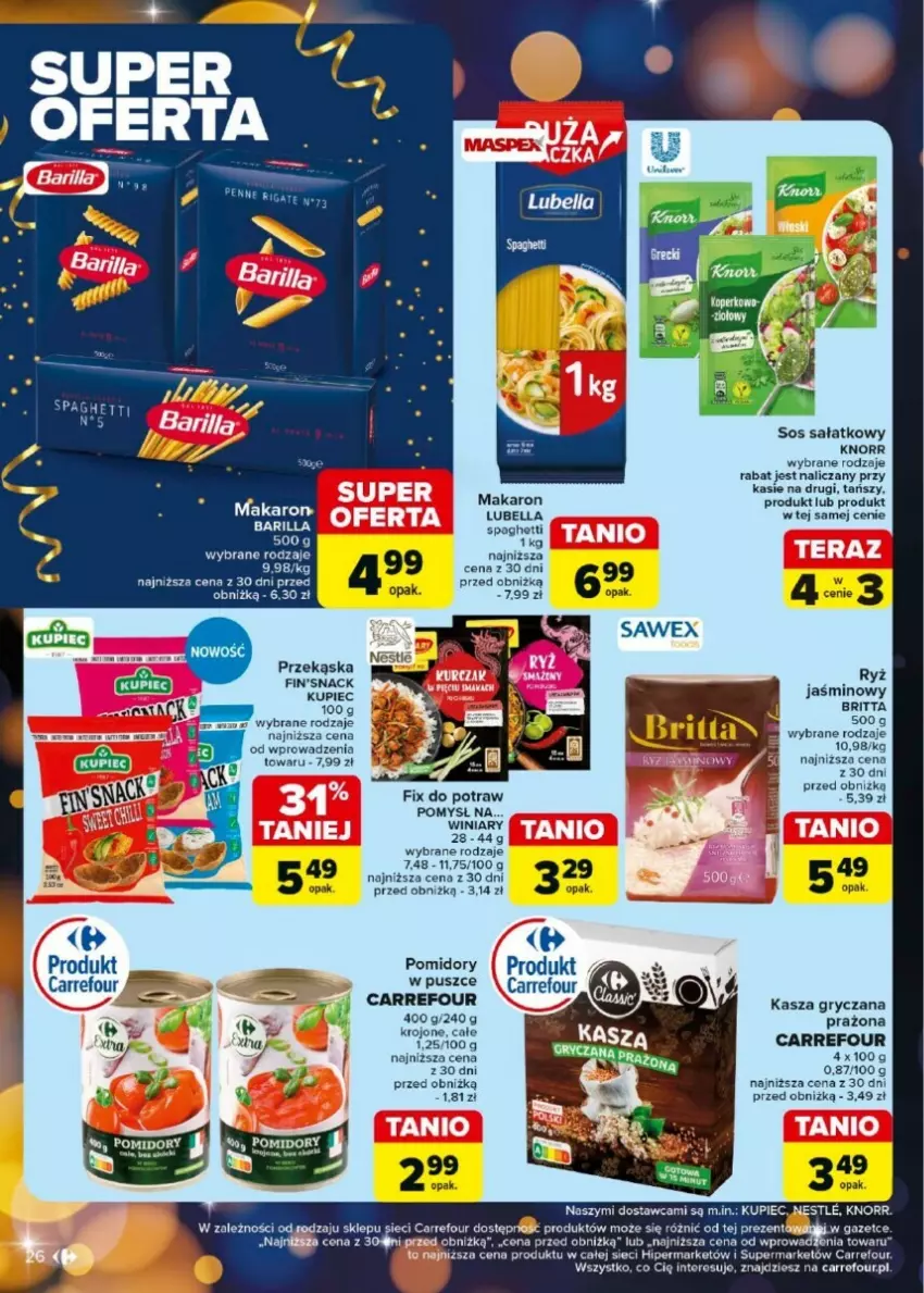 Gazetka promocyjna Carrefour - ważna 27.12.2024 do 04.01.2025 - strona 19 - produkty: Barilla, Bell, Bella, Brit, Gin, Gry, Kasza, Kasza gryczana, Knorr, Kupiec, Kurczak, LG, Lubella, Makaron, Piec, Pomidory, Ryż, Sałat, Sos, Spaghetti, Winiary