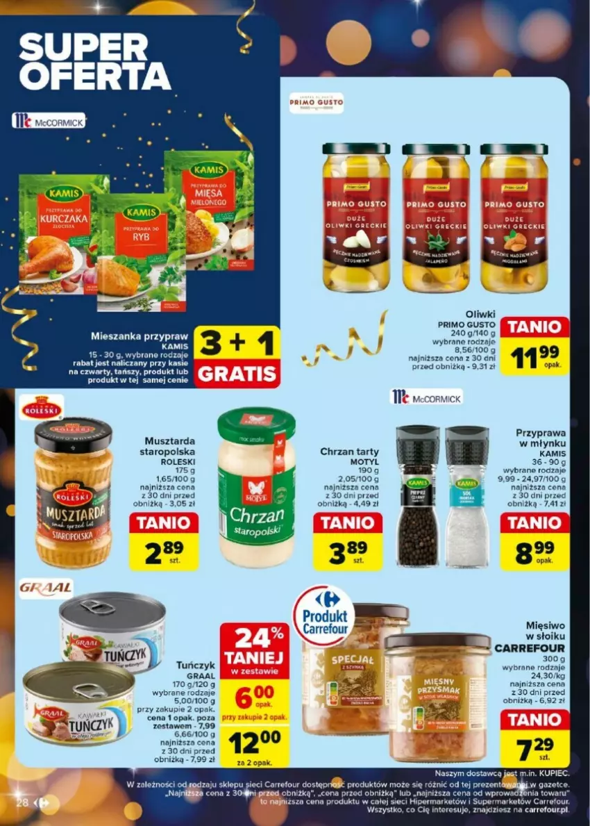 Gazetka promocyjna Carrefour - ważna 27.12.2024 do 04.01.2025 - strona 21 - produkty: Chrzan, Gra, Graal, Kamis, Kupiec, Mus, Musztarda, Oliwki, Piec, Por, Tuńczyk