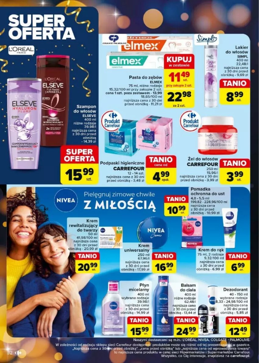 Gazetka promocyjna Carrefour - ważna 27.12.2024 do 04.01.2025 - strona 26 - produkty: Balsam do ciała, Dezodorant, Elmex, Elseve, Krem do rąk, Krem uniwersalny, LG, Nivea, Pasta do zębów, Płyn micelarny, Podpaski, Szampon