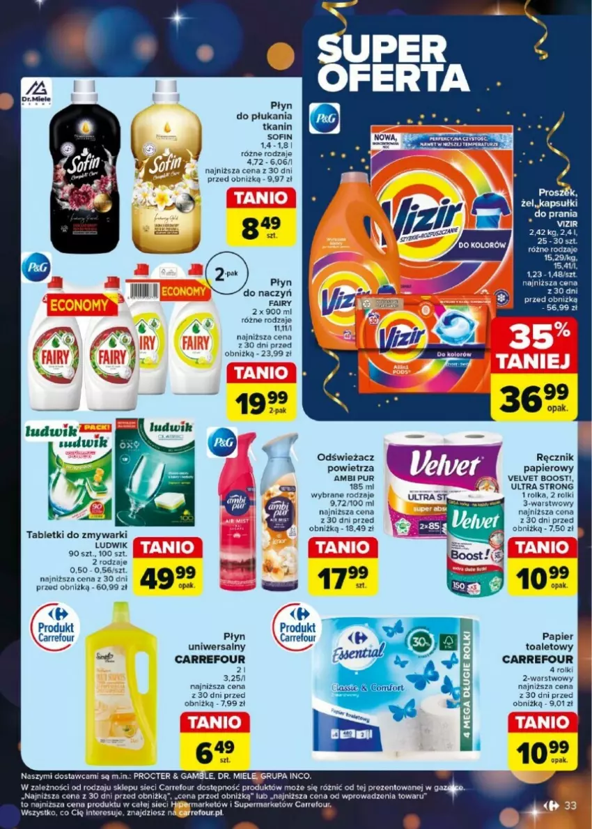 Gazetka promocyjna Carrefour - ważna 27.12.2024 do 04.01.2025 - strona 27 - produkty: Ambi Pur, Fa, Fairy, Kapsułki do prania, Ludwik, Odświeżacz powietrza, Papier, Papier toaletowy, Płyn do płukania, Pur, Ręcznik, Rolki, Tablet, Tabletki do zmywarki, Velvet, Vizir, Zmywarki