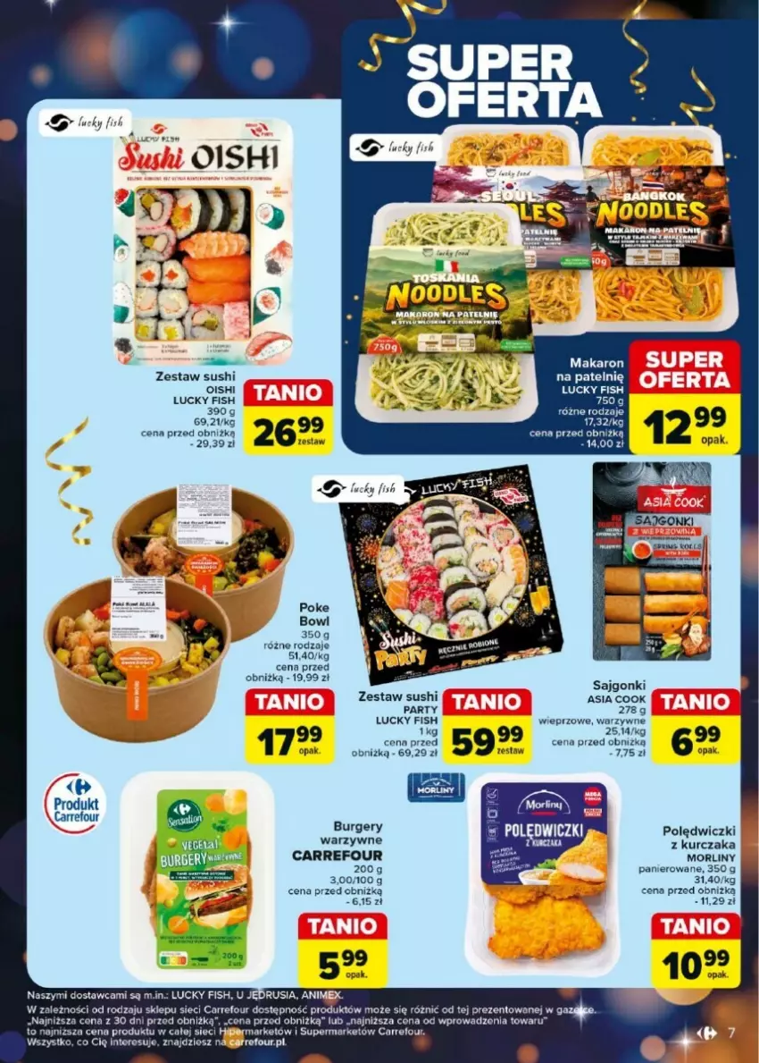 Gazetka promocyjna Carrefour - ważna 27.12.2024 do 04.01.2025 - strona 45 - produkty: Burger, Kurczak, Makaron, Morliny, Sajgonki, Sushi