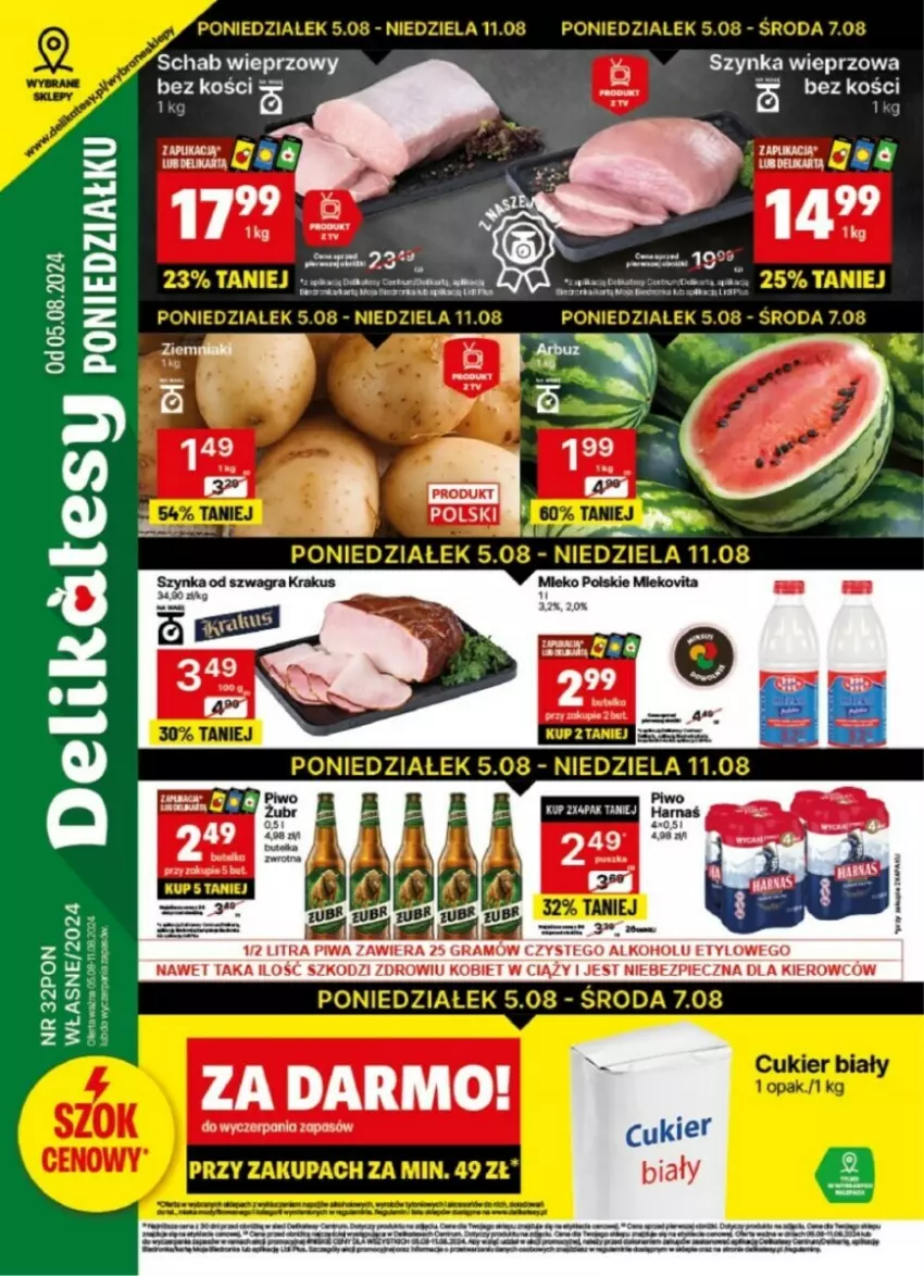 Gazetka promocyjna Delikatesy Centrum - ważna 05.08 do 11.08.2024 - strona 1 - produkty: Fa, Gra, Krakus, LG, Orka, Piec, Piwa, Schab wieprzowy, Szynka, Szynka wieprzowa, Taca