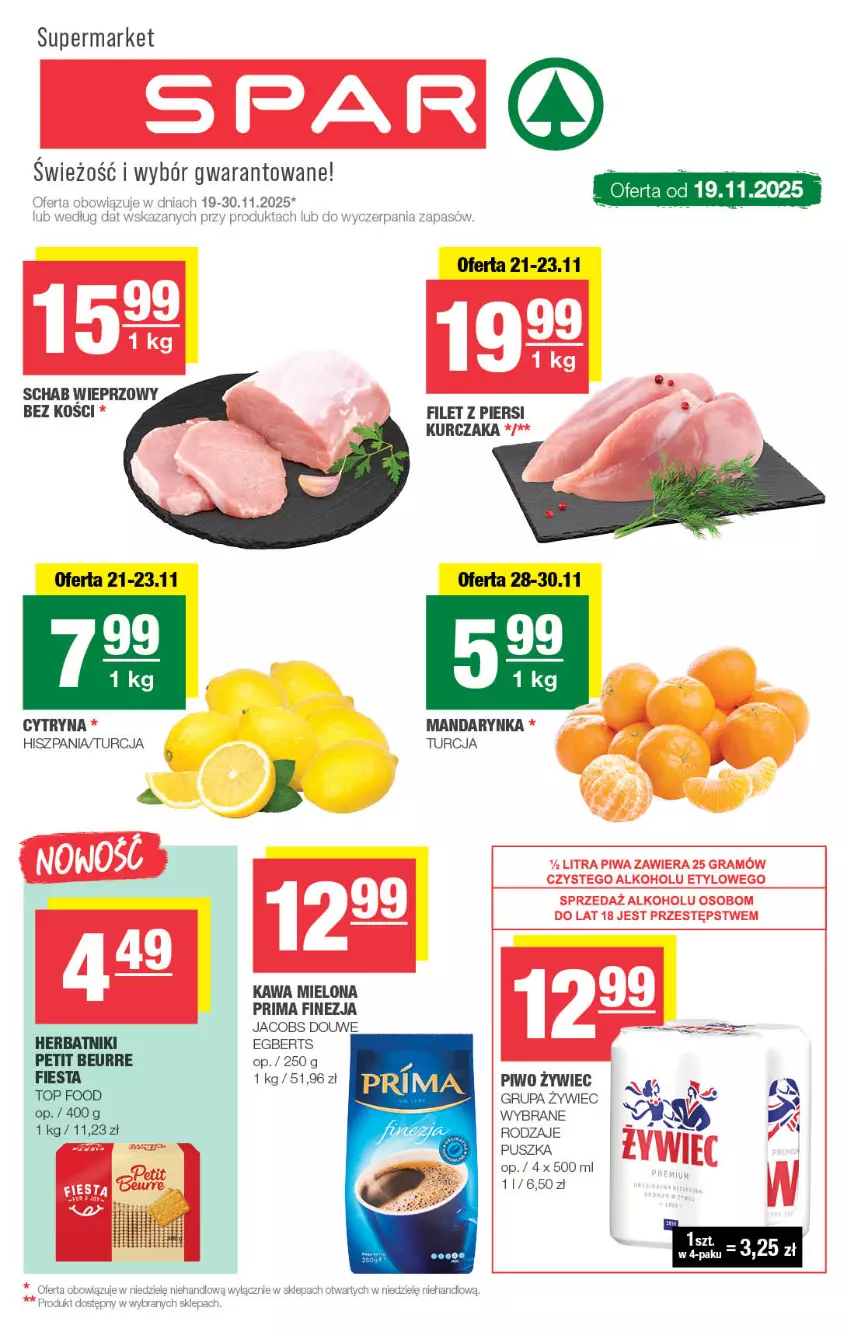 Gazetka promocyjna Spar - Spar - ważna 16.11 do 26.11.2025 - strona 1 - produkty: Filet z piersi kurczaka, Gra, Herbatniki, Jacobs, Kawa, Kawa mielona, Kurczak, Piwa, Piwo, Prima, Schab wieprzowy, Top