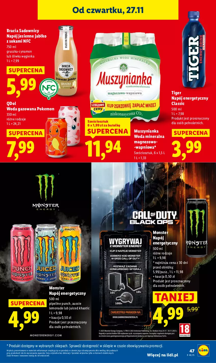 Gazetka promocyjna Lidl - GAZETKA - ważna 27.11 do 29.11.2025 - strona 47 - produkty: Magnez, Mus, Muszynianka, Napój, Napój energetyczny, Sok, Tiger, Woda, Woda gazowana, Woda mineralna