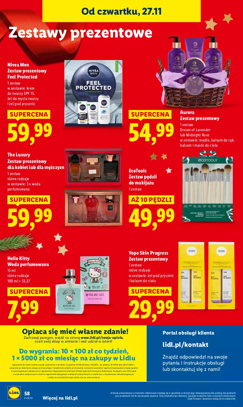 Gazetka promocyjna Lidl - GAZETKA - ważna 27.11 do 29.11.2025 - strona 58 - produkty: Balsam do ciała, Gra, Gres, Krem do twarzy, Laur, Makijaż, Masło, Masło do ciała, Mola, Mydło, Nivea, Nivea Men, Perfum, Por, Portal, Woda, Woda perfumowana, Yope, Zestaw pędzli, Zestaw prezentowy