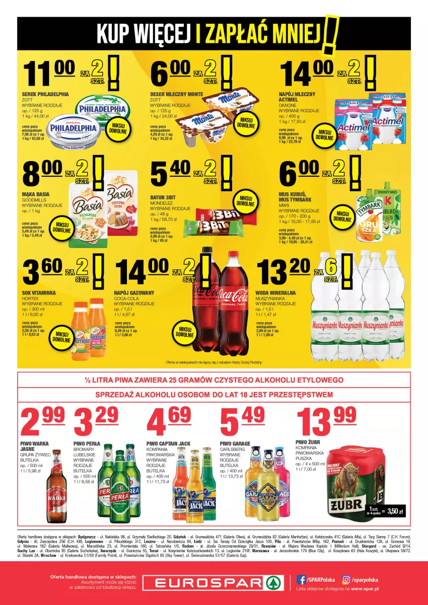 Gazetka promocyjna Spar - EuroSpar - ważna 23.02 do 05.03.2025 - strona 8 - produkty: Basia, Captain Jack, Carlsberg, Coca-Cola, Danone, Deser, Deser mleczny, Dzieci, Fa, Gra, Hortex, Inka, Kosz, Kubuś, Mąka, Monte, Mus, Muszynianka, Napój, Napój gazowany, Napój mleczny, Oliwa, Perła, Philadelphia, Piwo, Rum, Ser, Serek, Sok, Tymbark, Warka, Woda, Woda mineralna, Zott