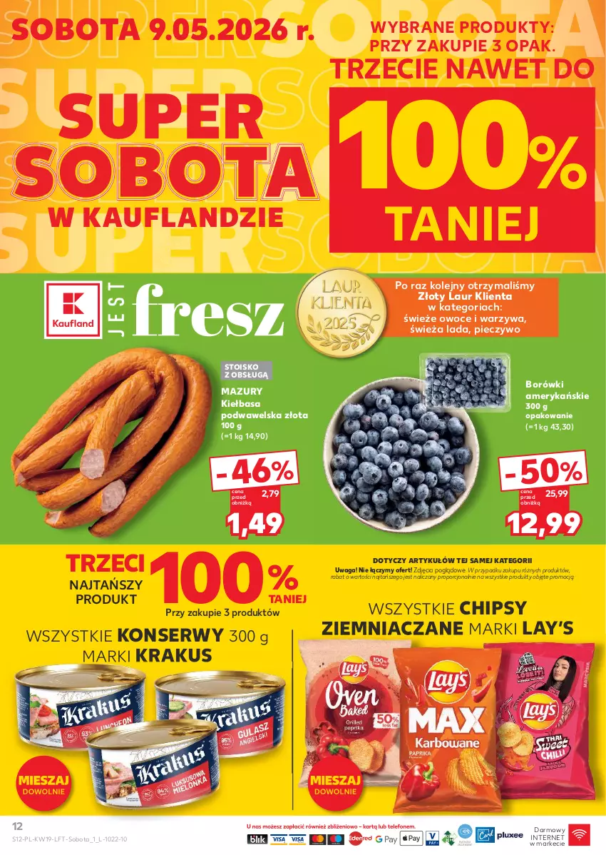 Gazetka promocyjna Kaufland - Gazetka tygodnia - ważna 07.05 do 13.05.2026 - strona 12 - produkty: Chipsy, Kiełbasa, Kiełbasa podwawelska, Krakus, Laur, Lay’s, Olej, Owoce, Piec, Pieczywo, Por, Ser, Waga, Warzywa, Wawel