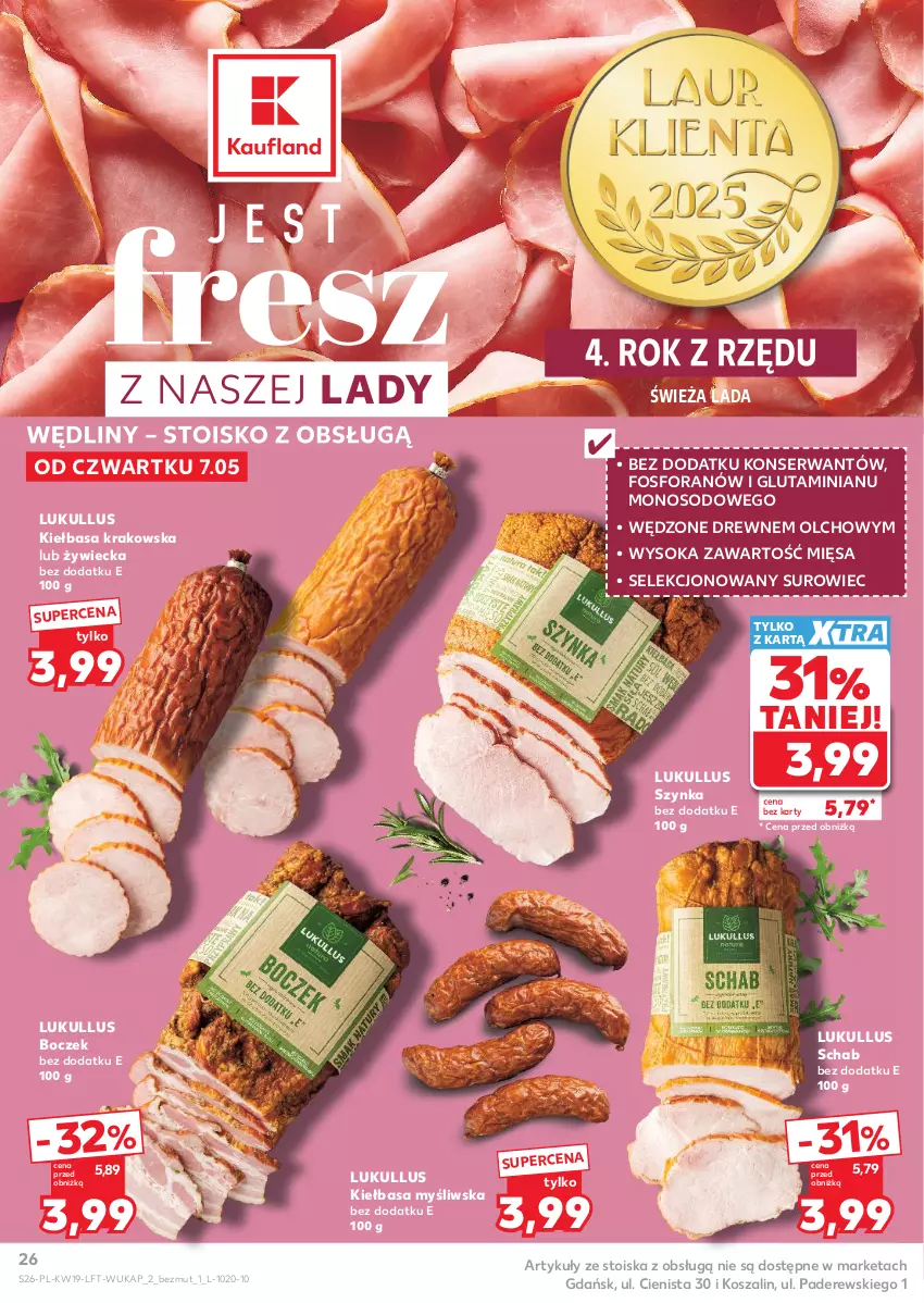 Gazetka promocyjna Kaufland - Gazetka tygodnia - ważna 07.05 do 13.05.2026 - strona 26 - produkty: Boczek, Kiełbasa, Kiełbasa krakowska, Kosz, Ser, Sok, Szal, Szynka