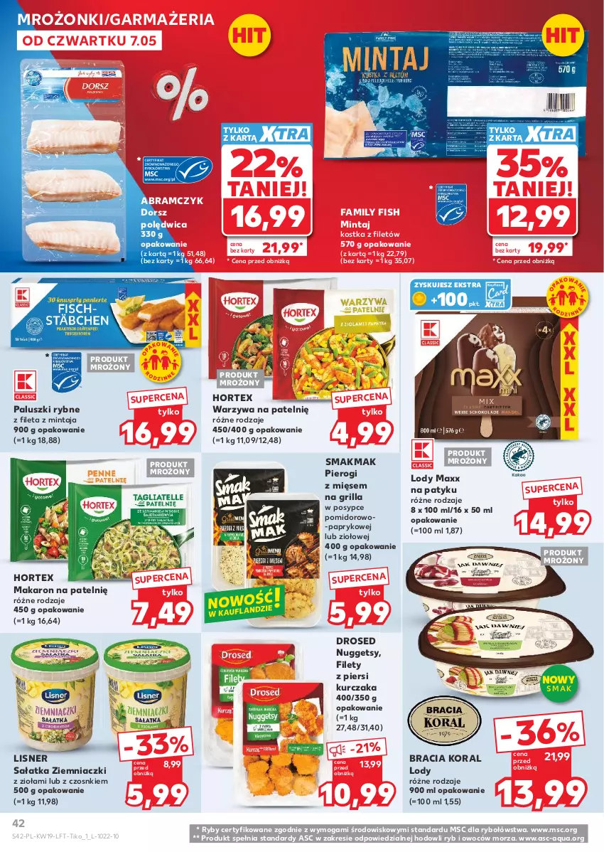 Gazetka promocyjna Kaufland - Gazetka tygodnia - ważna 07.05 do 13.05.2026 - strona 42 - produkty: Dorsz, Fa, Grill, Hortex, Kurczak, Lisner, Lody, Makaron, Mintaj, Paluszki rybne, Pierogi, Polędwica, Sałat, Sałatka, Warzywa