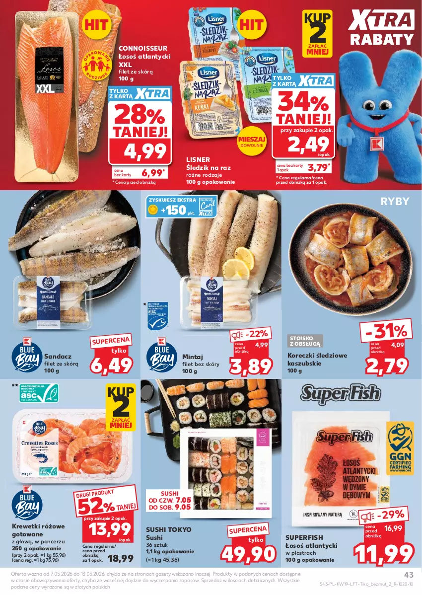 Gazetka promocyjna Kaufland - Gazetka tygodnia - ważna 07.05 do 13.05.2026 - strona 43 - produkty: Koreczki śledziowe, Krewetki, Lisner, Mintaj, Sandacz, Sushi