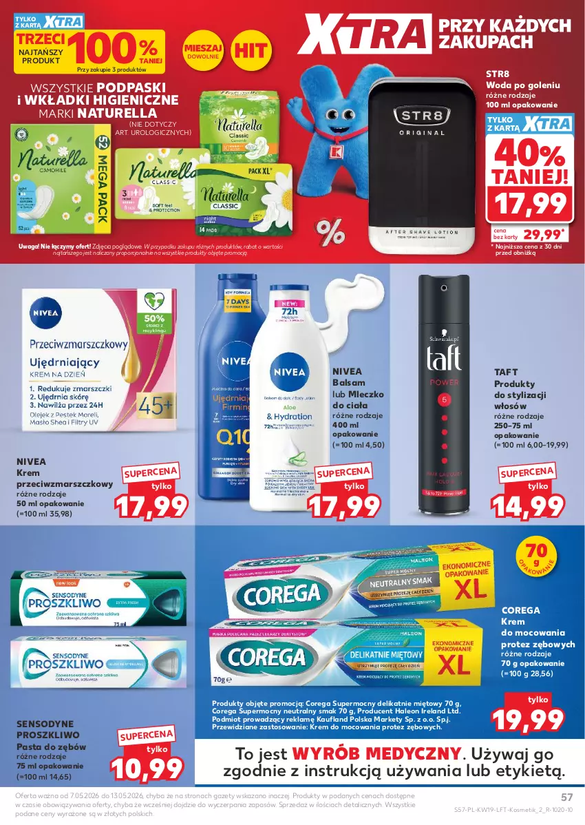 Gazetka promocyjna Kaufland - Gazetka tygodnia - ważna 07.05 do 13.05.2026 - strona 57 - produkty: Corega, Krem przeciwzmarszczkowy, Leon, Mars, Mleczko, Mleczko do ciała, Naturell, Naturella, Nivea, Pasta do zębów, Podpaski, Por, Sensodyne, Str8, Taft, Waga, Wkładki, Woda, Woda po goleniu
