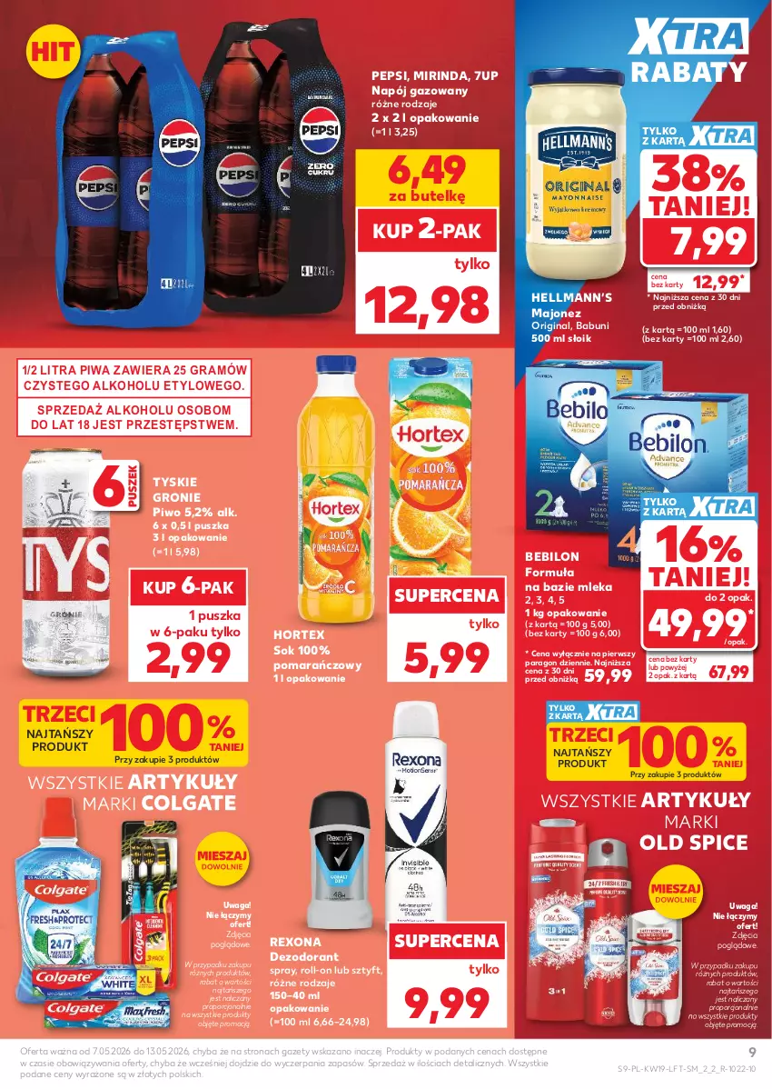 Gazetka promocyjna Kaufland - Gazetka tygodnia - ważna 07.05 do 13.05.2026 - strona 9 - produkty: 7up, Babuni, BEBILON, Colgate, Dezodorant, Gin, Gra, Hellmann’s, Hortex, LG, Majonez, Mirinda, Napój, Napój gazowany, Old Spice, Pepsi, Piwa, Piwo, Por, Rexona, Sok, Tyskie, Waga