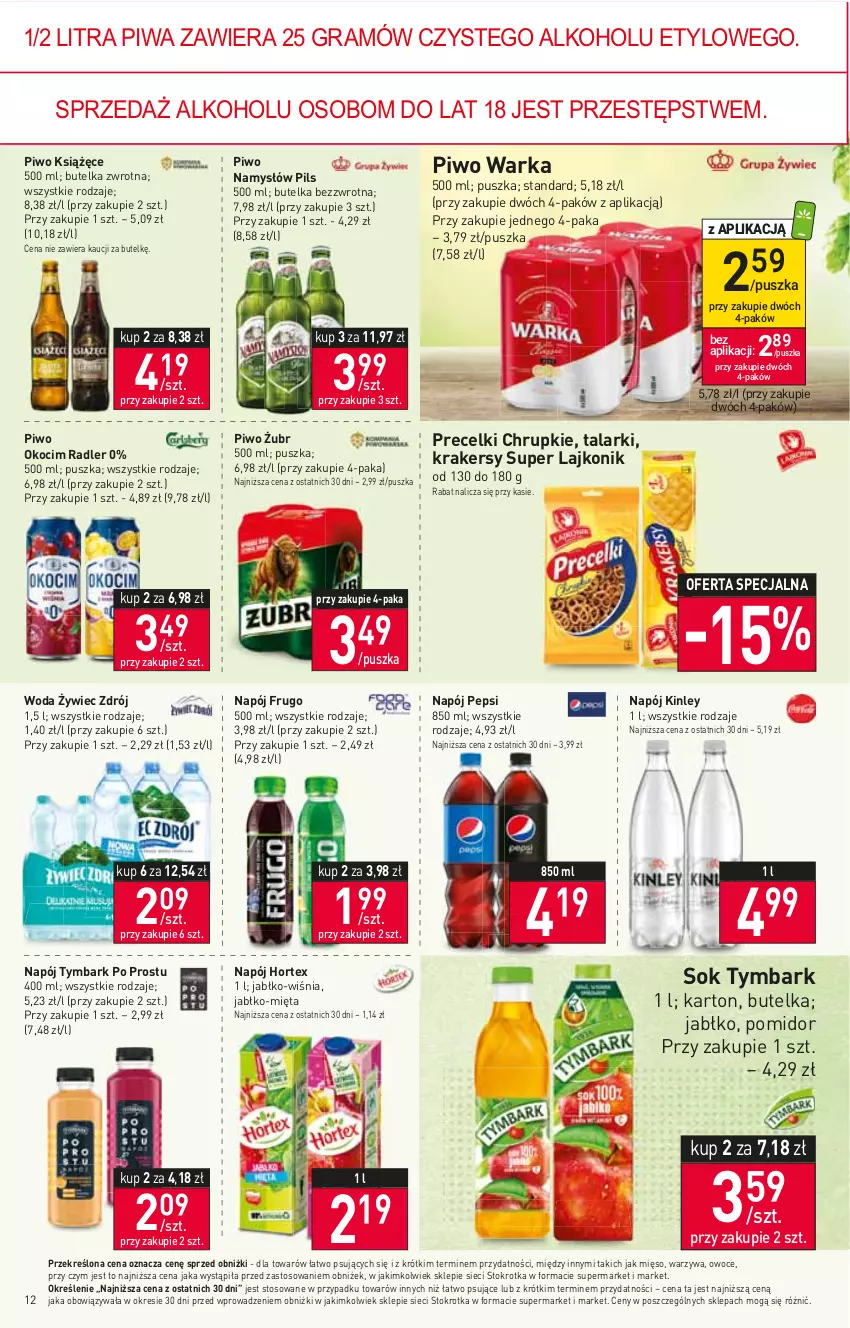 Gazetka promocyjna Stokrotka - Supermarket - ważna 09.03 do 15.03.2023 - strona 12 - produkty: Chrupki, Gra, Hortex, Koc, Krakersy, Książęce, Lajkonik, Mięso, Mięta, Namysłów, Napój, Okocim, Owoce, Pepsi, Piwa, Piwo, Precelki, Radler, Sok, Tymbark, Warka, Warzywa, Woda