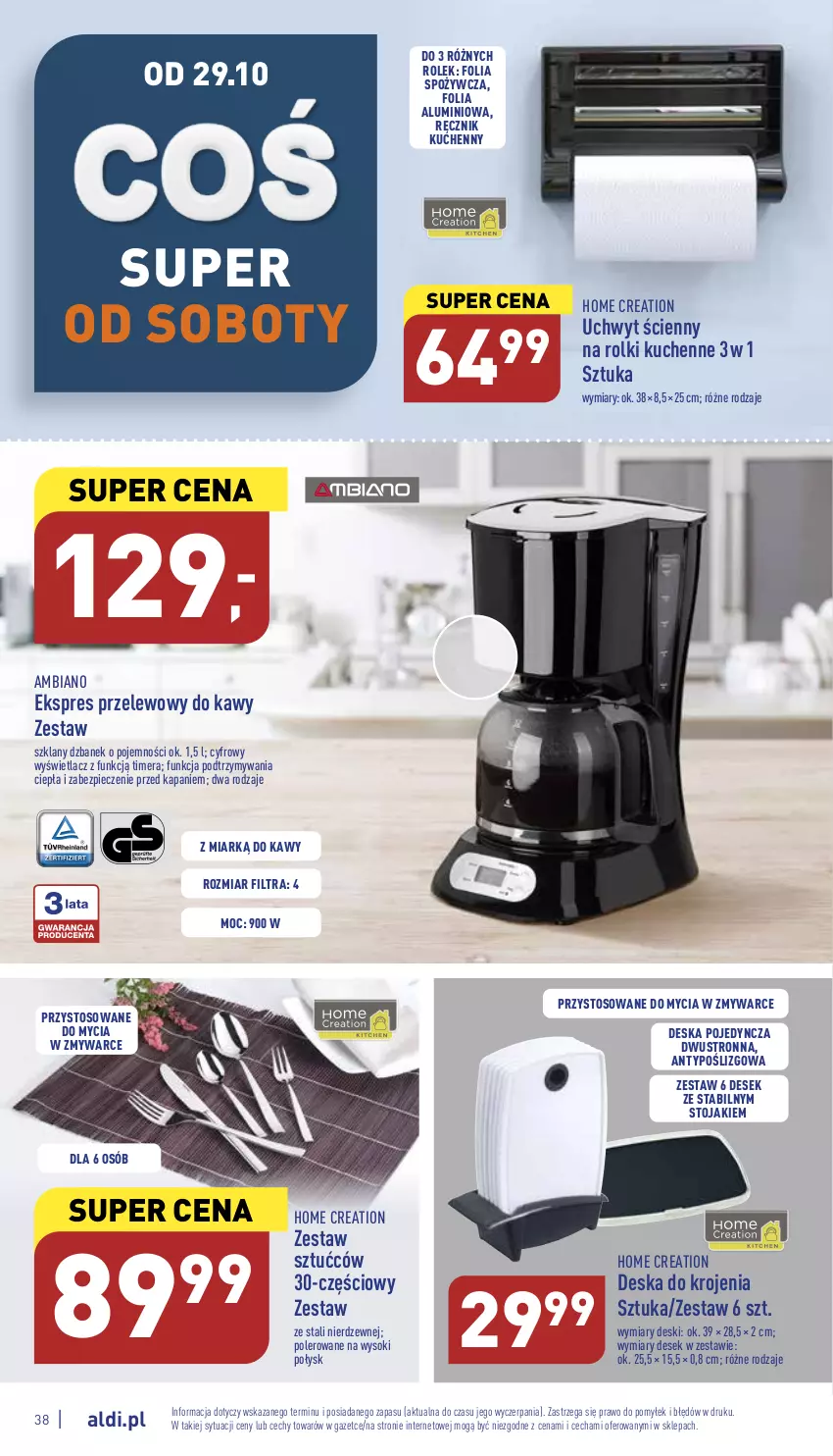 Gazetka promocyjna Aldi - Pełny katalog - ważna 24.10 do 29.10.2022 - strona 38 - produkty: Deska do krojenia, Dzbanek, Ekspres przelewowy, Folia aluminiowa, Piec, Ręcznik, Ręcznik kuchenny, Rolki, Rolki kuchenne, Sok, Stojak, Zestaw sztućców