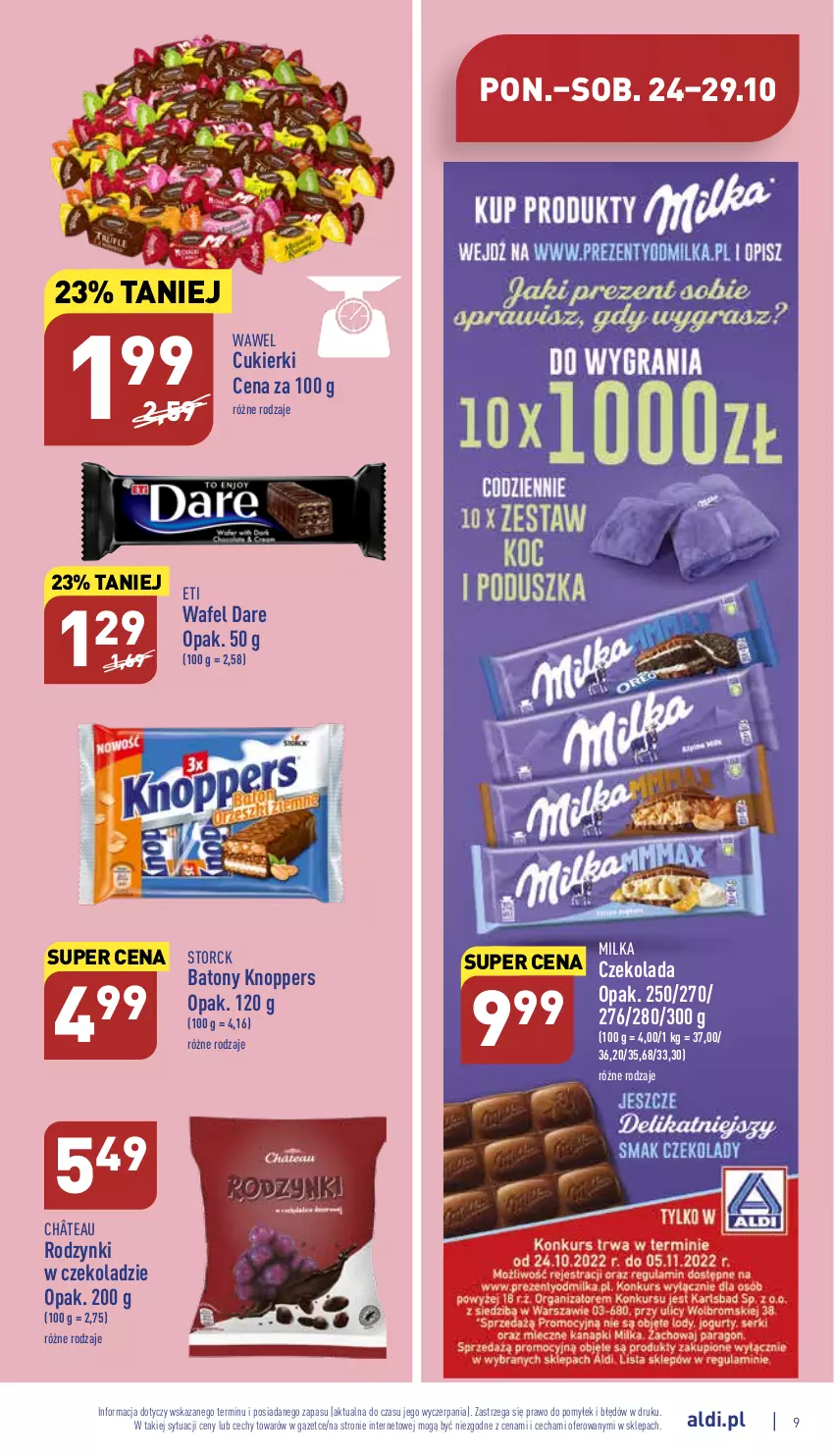 Gazetka promocyjna Aldi - Pełny katalog - ważna 24.10 do 29.10.2022 - strona 9 - produkty: Baton, Cukier, Cukierki, Czekolada, Knoppers, Milka, Rodzynki, Wawel