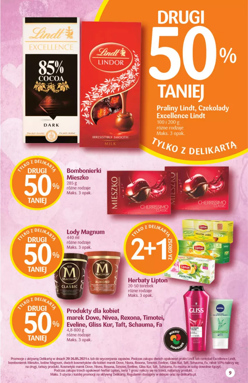 Gazetka promocyjna Delikatesy Centrum - Gazetka Delikatesy Centrum - ważna 20.05 do 26.05.2021 - strona 9 - produkty: Dove, Eveline, Fa, Gliss Kur, Lindt, Lipton, Lody, Nivea, Rexona, Schauma, Taft