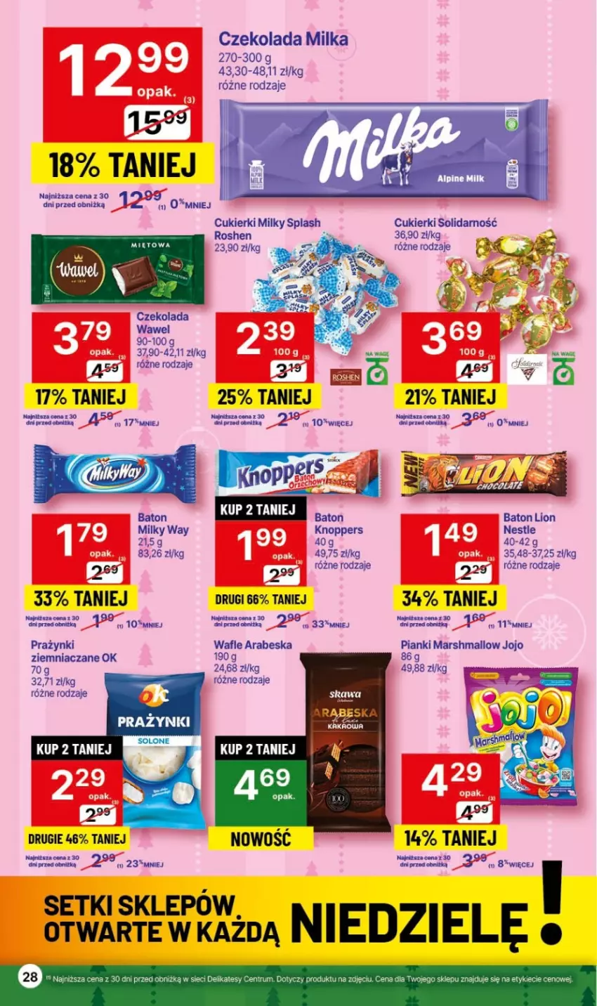 Gazetka promocyjna Delikatesy Centrum - Dyskontowe ceny w Delikatesach Centrum - ważna 23.11 do 29.11.2023 - strona 28 - produkty: Baton, Cukier, Cukierki, Czekolada, Knoppers, Lion, Mars, Milka, Milky Way, Wafle, Wawel