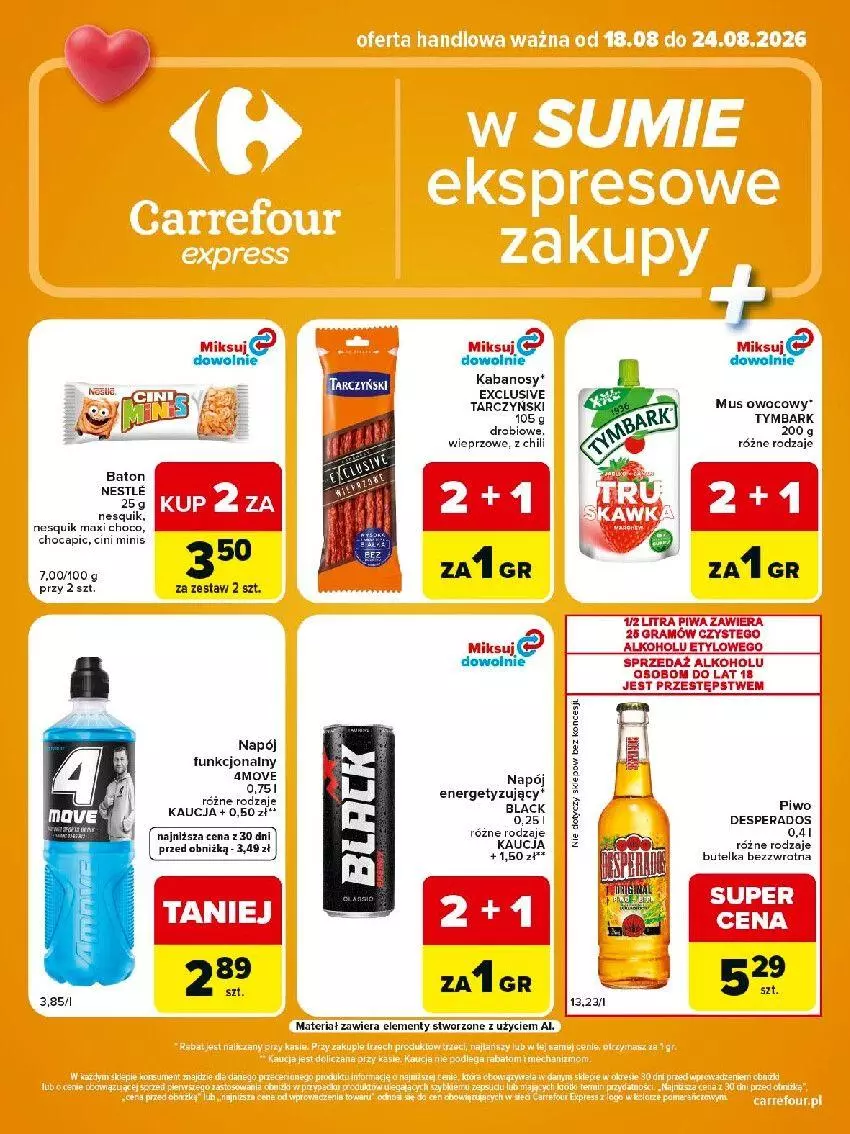 Gazetka promocyjna Carrefour - Gazetka Express w SUMIE ekspresowe zakupy - ważna 18.08 do 24.08.2026 - strona 2 - produkty: Baton, Cini Minis, Fa, Gra, Kabanos, Lack, Mus, Napój, Nesquik, Piwo, Tarczyński, Tymbark