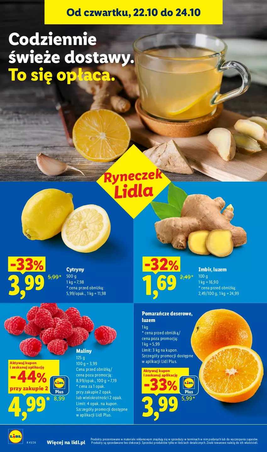 Gazetka promocyjna Lidl - Gazetka - ważna 22.10 do 24.10.2026 - strona 46 - produkty: Cytryny, Deser, Imbir, Maliny, Pomarańcze, Ser