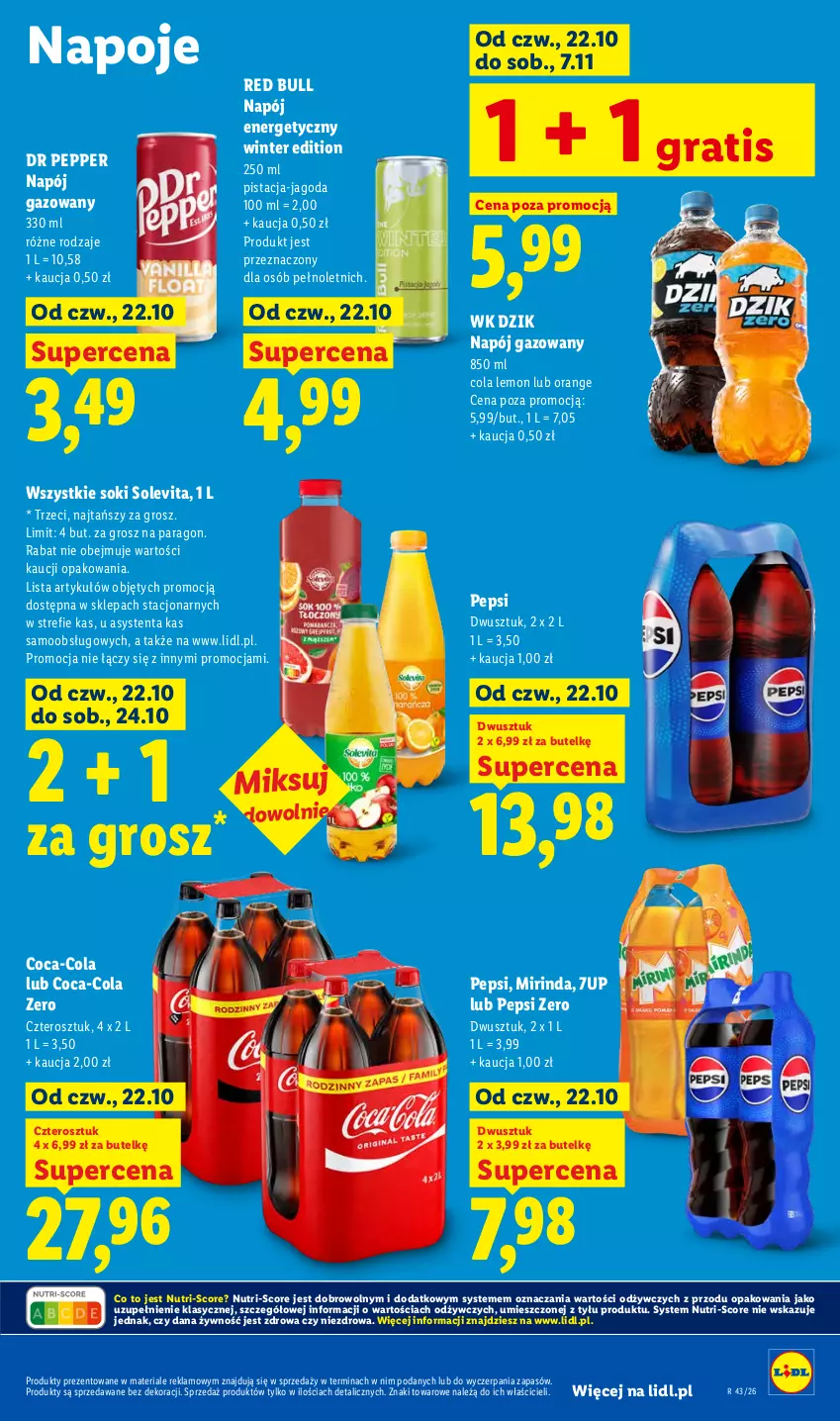 Gazetka promocyjna Lidl - Gazetka - ważna 22.10 do 24.10.2026 - strona 87 - produkty: 7up, Coca-Cola, Gra, Mirinda, Napój, Napój energetyczny, Napój gazowany, Napoje, Pepsi, Red Bull, Sok