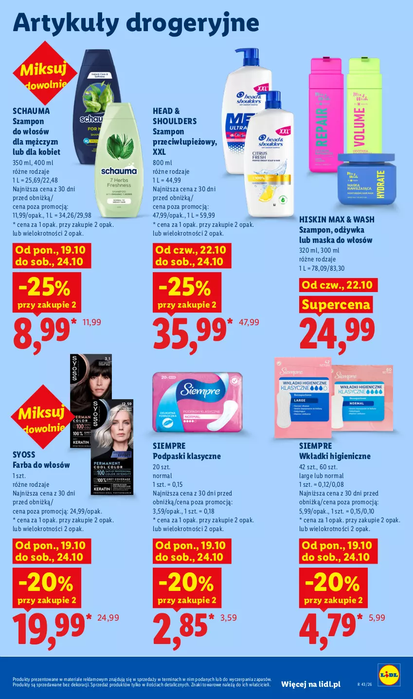 Gazetka promocyjna Lidl - Gazetka - ważna 22.10 do 24.10.2026 - strona 97 - produkty: Fa, Farba do włosów, Maska, Maska do włosów, Odżywka, Podpaski, Schauma, Syoss, Szampon, Wkładki