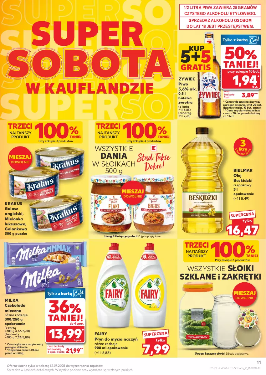 Gazetka promocyjna Kaufland - Gazetka tygodnia - ważna 10.07 do 16.07.2025 - strona 11 - produkty: Beskidzki, Czekolada, Czekolada mleczna, Do mycia naczyń, Fa, Fairy, Gra, Krakus, Milka, Olej, Piwa, Piwo, Płyn do mycia, Płyn do mycia naczyń, Waga