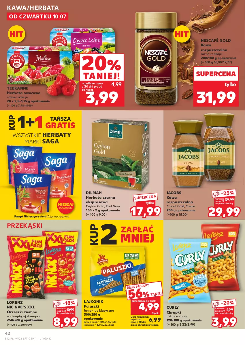 Gazetka promocyjna Kaufland - Gazetka tygodnia - ważna 10.07 do 16.07.2025 - strona 42 - produkty: Chrupki, Dilmah, Earl Grey, Gra, Herbata, Herbata czarna, Herbata owocowa, Jacobs, Kawa, Kawa rozpuszczalna, Lajkonik, Lorenz, Nescafé, Orzeszki, Orzeszki ziemne, Saga, Teekanne, Waga
