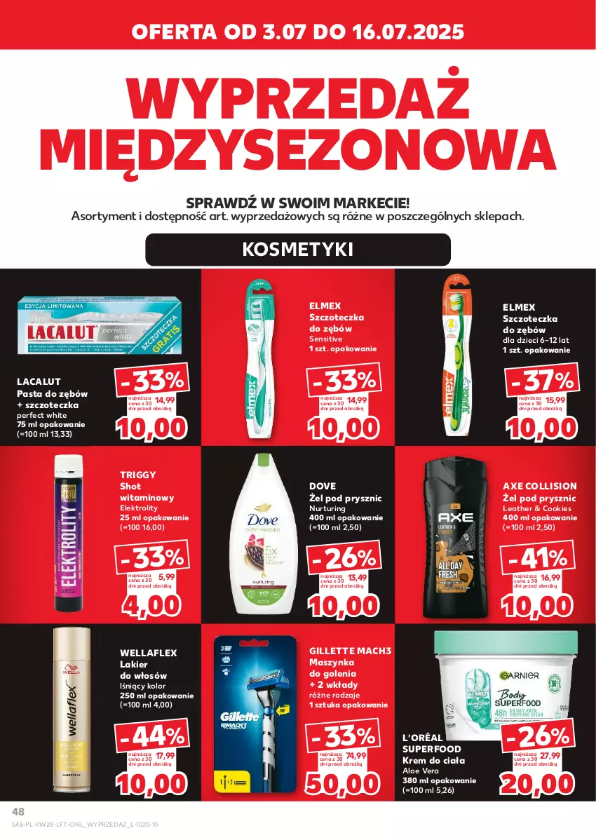 Gazetka promocyjna Kaufland - Gazetka tygodnia - ważna 10.07 do 16.07.2025 - strona 48 - produkty: Aloe vera, Dove, Dzieci, Elmex, Gillette, Krem do ciała, L’Oréal, Lacalut, Lakier, Lakier do włosów, Mach3, Maszynka, Maszynka do golenia, Pasta do zębów, Szczoteczka, Szczoteczka do zębów, Szynka, Wella, Wellaflex