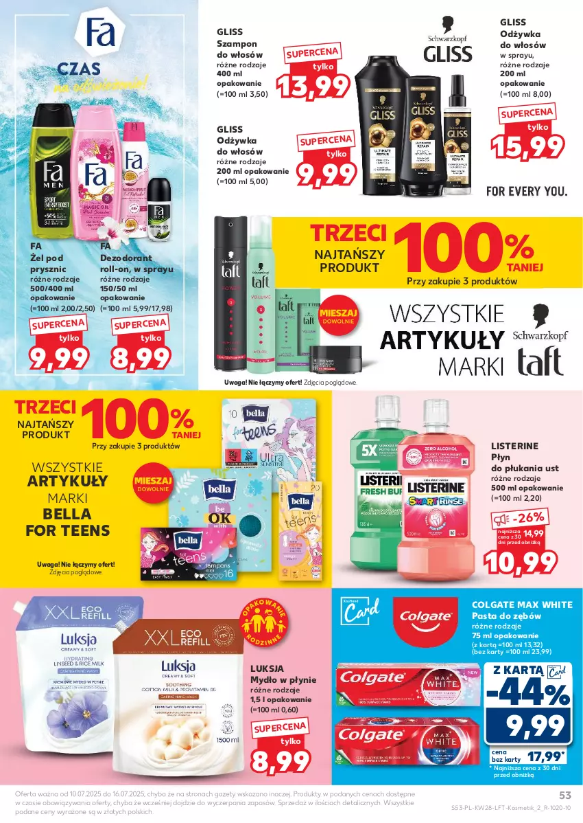 Gazetka promocyjna Kaufland - Gazetka tygodnia - ważna 10.07 do 16.07.2025 - strona 53 - produkty: Bell, Bella, Colgate, Dezodorant, Fa, LG, Listerine, Luksja, Mydło, Mydło w płynie, Odżywka, Pasta do zębów, Płyn do płukania, Szampon, Waga