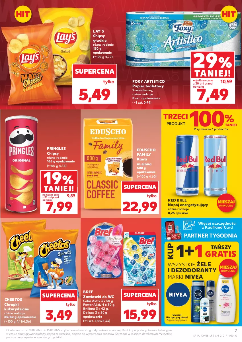 Gazetka promocyjna Kaufland - Gazetka tygodnia - ważna 10.07 do 16.07.2025 - strona 7 - produkty: Bref, Cheetos, Chipsy, Chrupki, Dezodorant, Fa, Foxy, Gra, Kawa, Kawa mielona, Lay’s, Napój, Nivea, Papier, Papier toaletowy, Pringles, Red Bull, Waga, Zawieszki