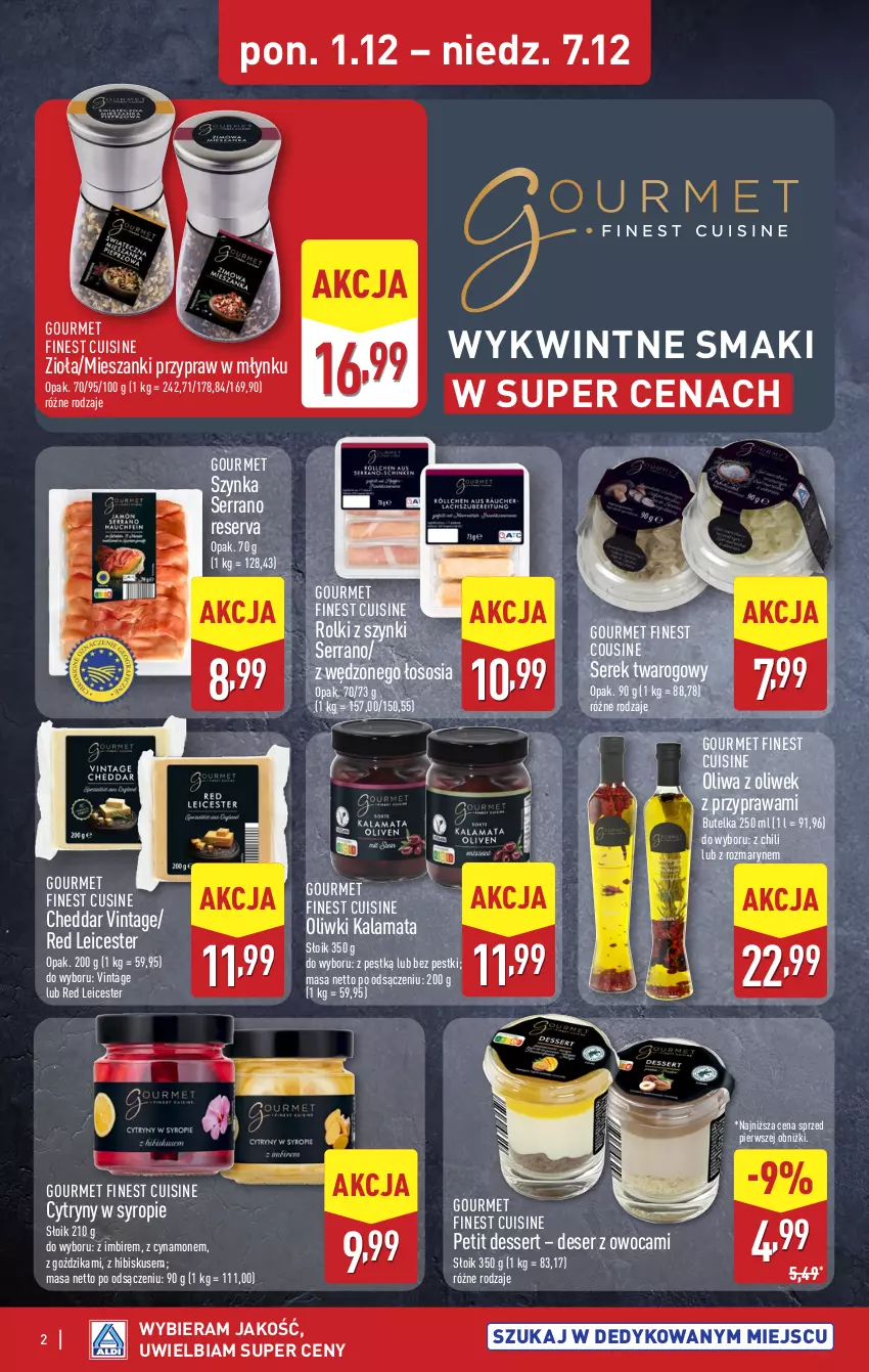 Gazetka promocyjna Aldi - Wykwintne smaki - ważna 01.12 do 07.12.2025 - strona 2 - produkty: Cheddar, Cytryny, Deser, Hibiskus, Imbir, Oliwa, Oliwa z oliwek, Oliwki, Petit dessert, Rolki, Ser, Serek, Serek twarogowy, Sos, Syrop, Szynka