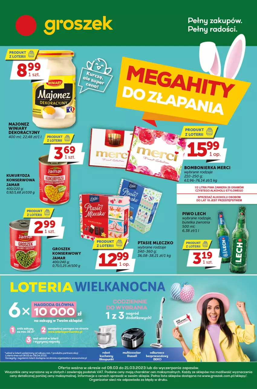 Gazetka promocyjna Groszek - ważna 08.03 do 21.03.2023 - strona 1 - produkty: Gra, Groszek, Kukurydza, Majonez, Merci, Mleczko, Mola, Odkurzacz, Piwa, Piwo, Ptasie mleczko, Robot, Ser, Winiary