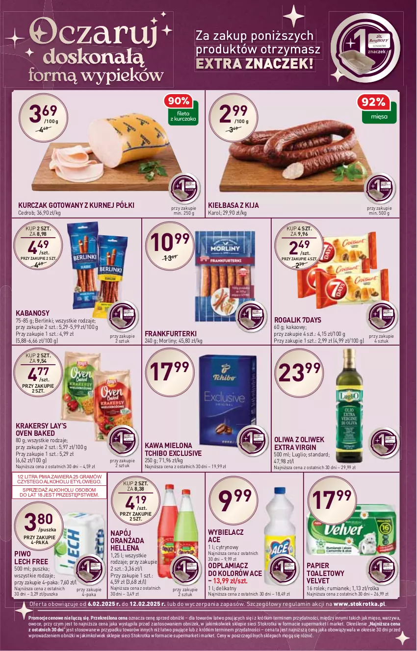 Gazetka promocyjna Stokrotka - Market - ważna 06.02 do 12.02.2025 - strona 13 - produkty: Berlinki, Frankfurterki, Gin, Gra, Hellena, HP, Kabanos, Kakao, Kawa, Kawa mielona, Kiełbasa, Krakersy, Kurczak, Kurczak gotowany, Lay’s, Morliny, Napój, Odplamiacz, Oliwa, Oliwa z oliwek, Oranżada, Papier, Papier toaletowy, Piwa, Piwo, Rogal, Rum, Tchibo, Velvet