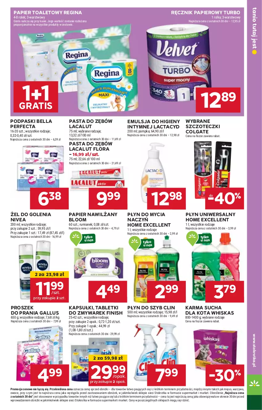 Gazetka promocyjna Stokrotka - Market - ważna 06.02 do 12.02.2025 - strona 17 - produkty: Bell, Bella, Clin, Colgate, Do mycia naczyń, Emulsja, Finish, Flora, Gin, Gra, HP, Lacalut, Lactacyd, LG, Nivea, Papier, Papier toaletowy, Pasta do zębów, Perfecta, Płyn do mycia, Płyn do mycia naczyń, Płyn do szyb, Podpaski, Proszek do prania, Ręcznik, Tablet, Whiskas