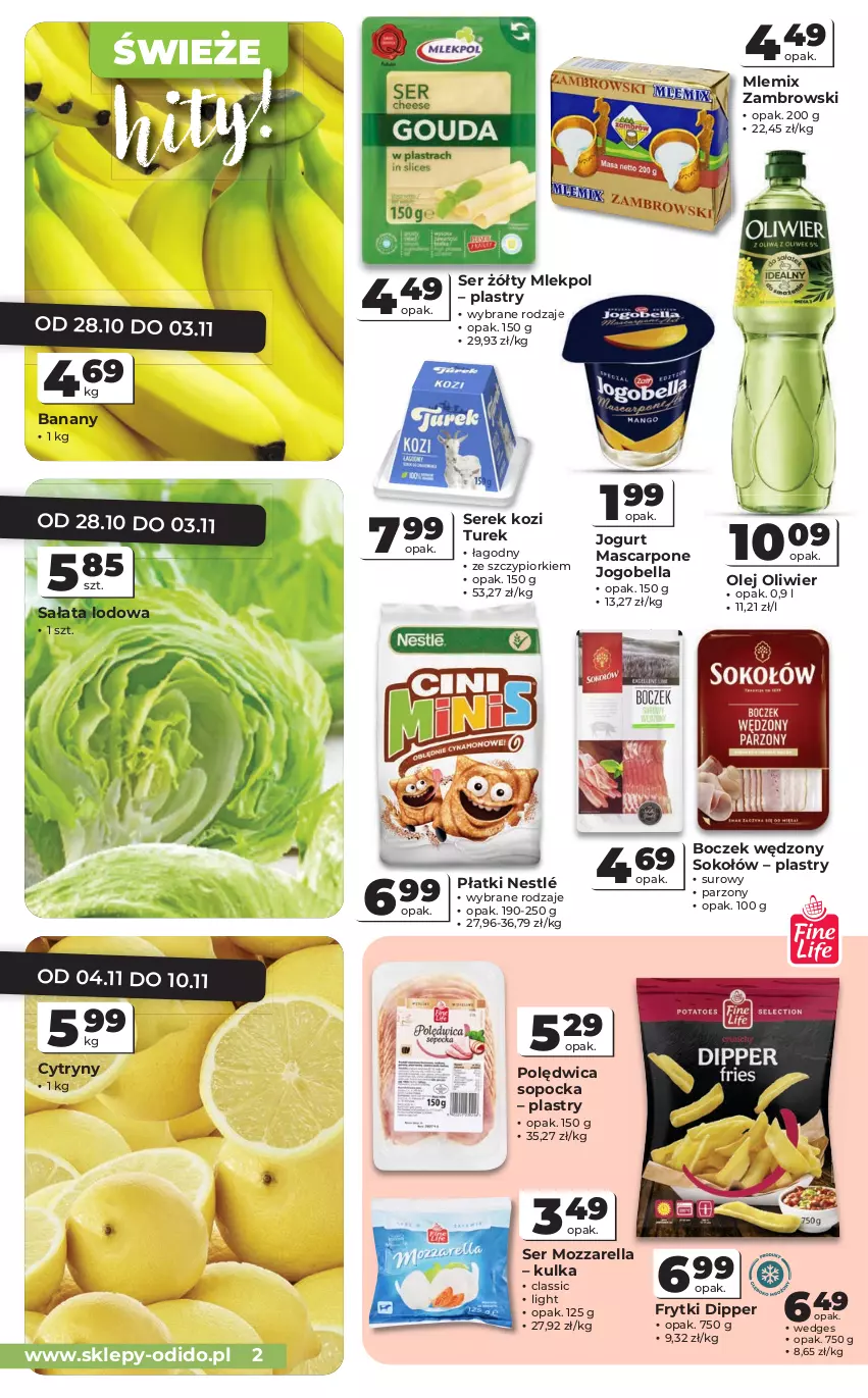 Gazetka promocyjna Odido - Gazetka Odido - ważna 28.10 do 10.11.2026 - strona 2 - produkty: Banany, Bell, Bella, Boczek, Cytryny, Frytki, Jogobella, Jogurt, Mascarpone, Mlemix Zambrowski, Mozzarella, Nestlé, Olej, Polędwica, Sałat, Sałata lodowa, Ser, Serek, Sok, Sokołów