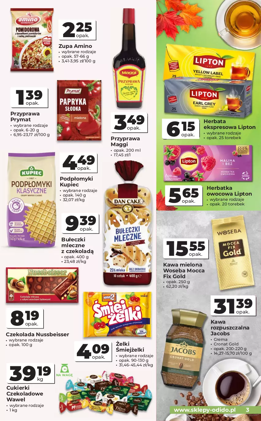 Gazetka promocyjna Odido - Gazetka Odido - ważna 28.10 do 10.11.2026 - strona 3 - produkty: Bułeczki, Bułeczki mleczne, Cukier, Cukierki, Cukierki czekoladowe, Czekolada, Herbata, Jacobs, Kawa, Kawa mielona, Kawa rozpuszczalna, Kupiec, Lipton, Maggi, Mocca Fix Gold, Piec, Prymat, Ser, Wawel, Woseba, Zupa