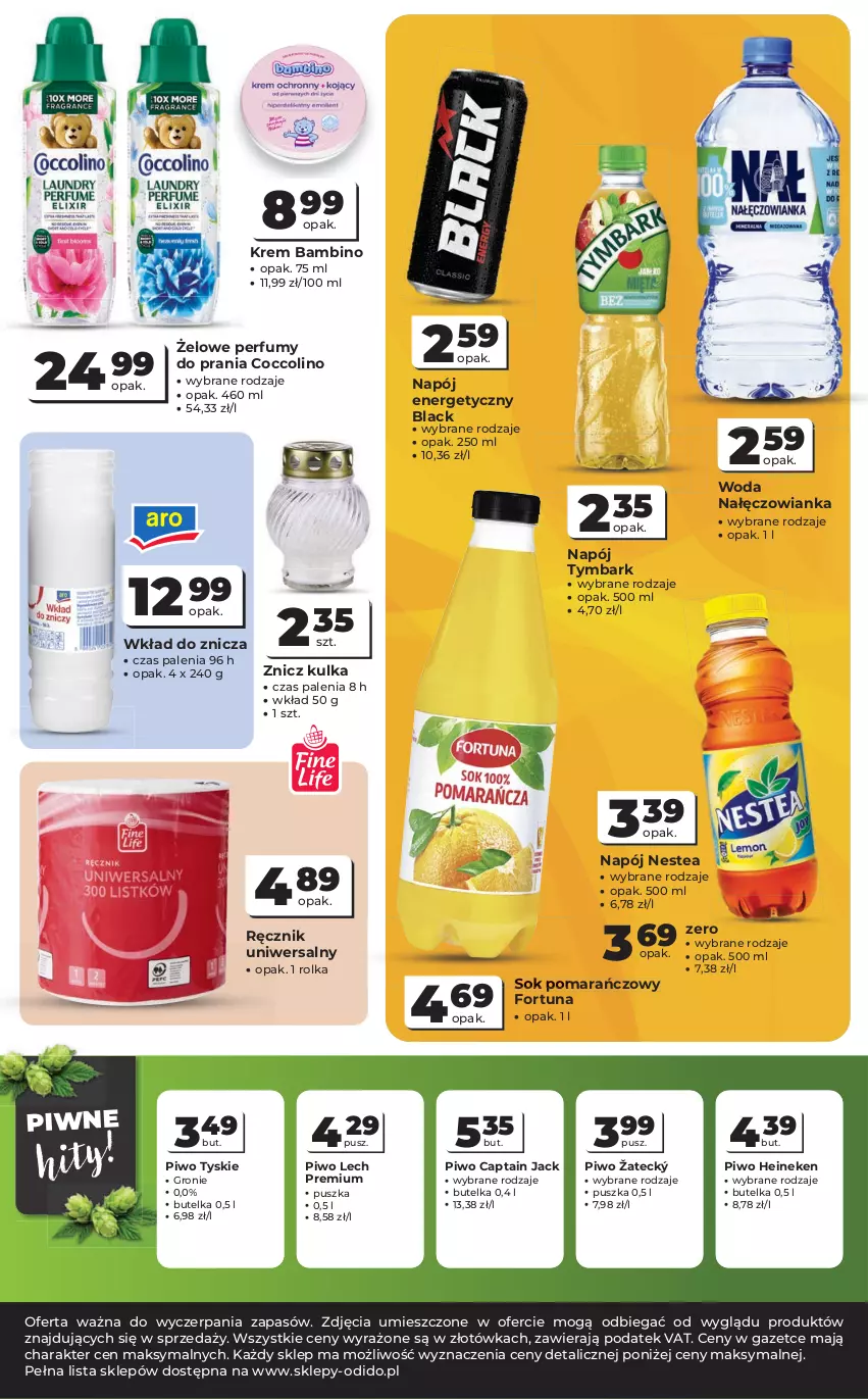 Gazetka promocyjna Odido - Gazetka Odido - ważna 28.10 do 10.11.2026 - strona 4 - produkty: Captain Jack, Coccolino, Fortuna, Heineken, Lack, Lech Premium, Nałęczowianka, Napój, Napój energetyczny, Nestea, Perfum, Piwo, Ręcznik, Sok, Sok pomarańczowy, Tymbark, Tyskie, Woda, Znicz