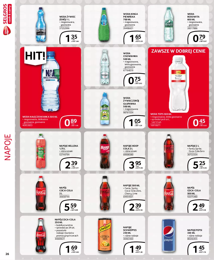 Gazetka promocyjna Selgros - Extra Oferta - ważna 01.09 do 30.09.2021 - strona 26 - produkty: Cisowianka, Coca-Cola, Fa, Fanta, Hellena, Hoop, Nałęczowianka, Napój, Napoje, Pepsi, Schweppes, Sprite, Top, Woda