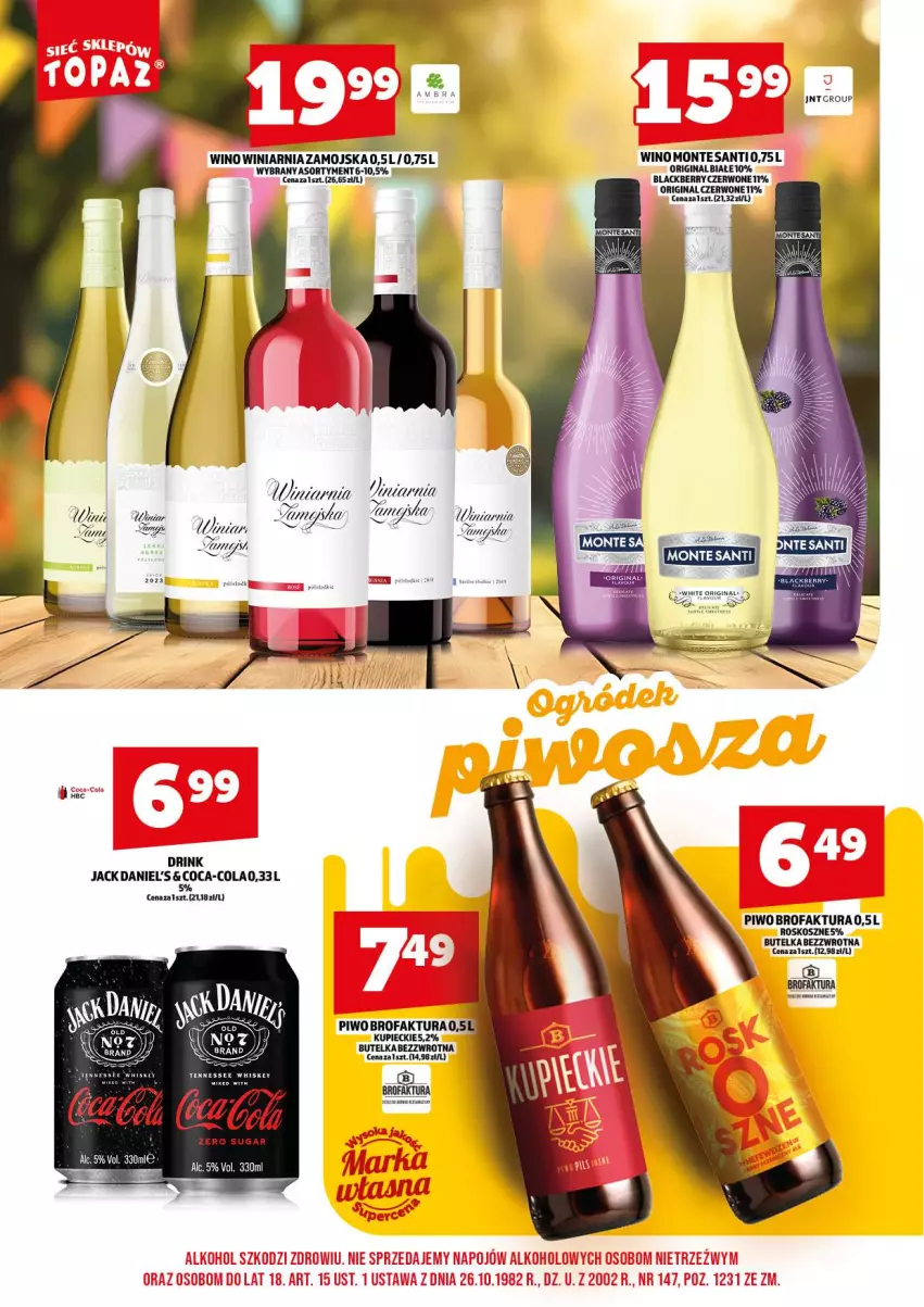Gazetka promocyjna Topaz - Gazetka - ważna 18.08 do 31.08.2025 - strona 18 - produkty: Coca-Cola, Fa, Gin, Jack Daniel's, Kosz, Kupiec, Lack, Monte, Piec, Piwo, Rum, Winiarnia Zamojska, Wino