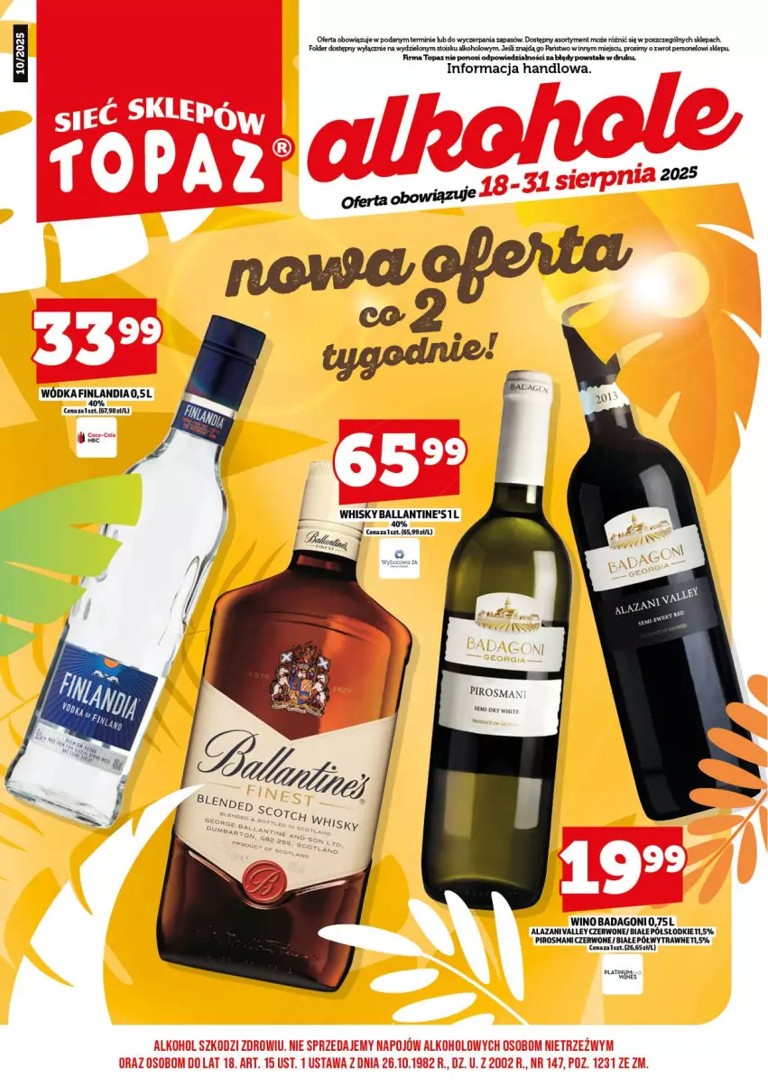 Gazetka promocyjna Topaz - Gazetka - ważna 18.08 do 31.08.2025 - strona 3 - produkty: Ballantine's, Finlandia, Top, Whisky, Wino, Wódka