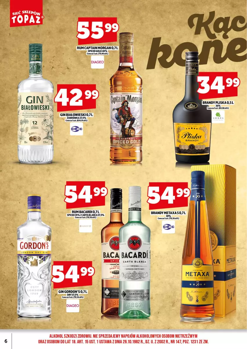 Gazetka promocyjna Topaz - Gazetka - ważna 18.08 do 31.08.2025 - strona 8 - produkty: Bacardi, Brandy, Gin, Gordon's, Metaxa, Rum