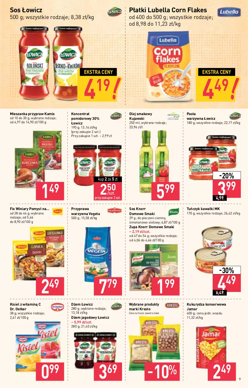 Gazetka promocyjna Stokrotka - Supermarket - ważna 21.10 do 27.10.2021 - strona 9 - produkty: Bell, Bella, Corn flakes, Dr. Oetker, Dżem, Kamis, Kawa, Kisiel, Knorr, Koncentrat pomidorowy, Kujawski, Kukurydza, Kukurydza konserwowa, Lubella, Olej, Olej smakowy, Pasta warzywna, Piec, Ser, Sos, Tuńczyk, Vegeta, Winiary, Zupa