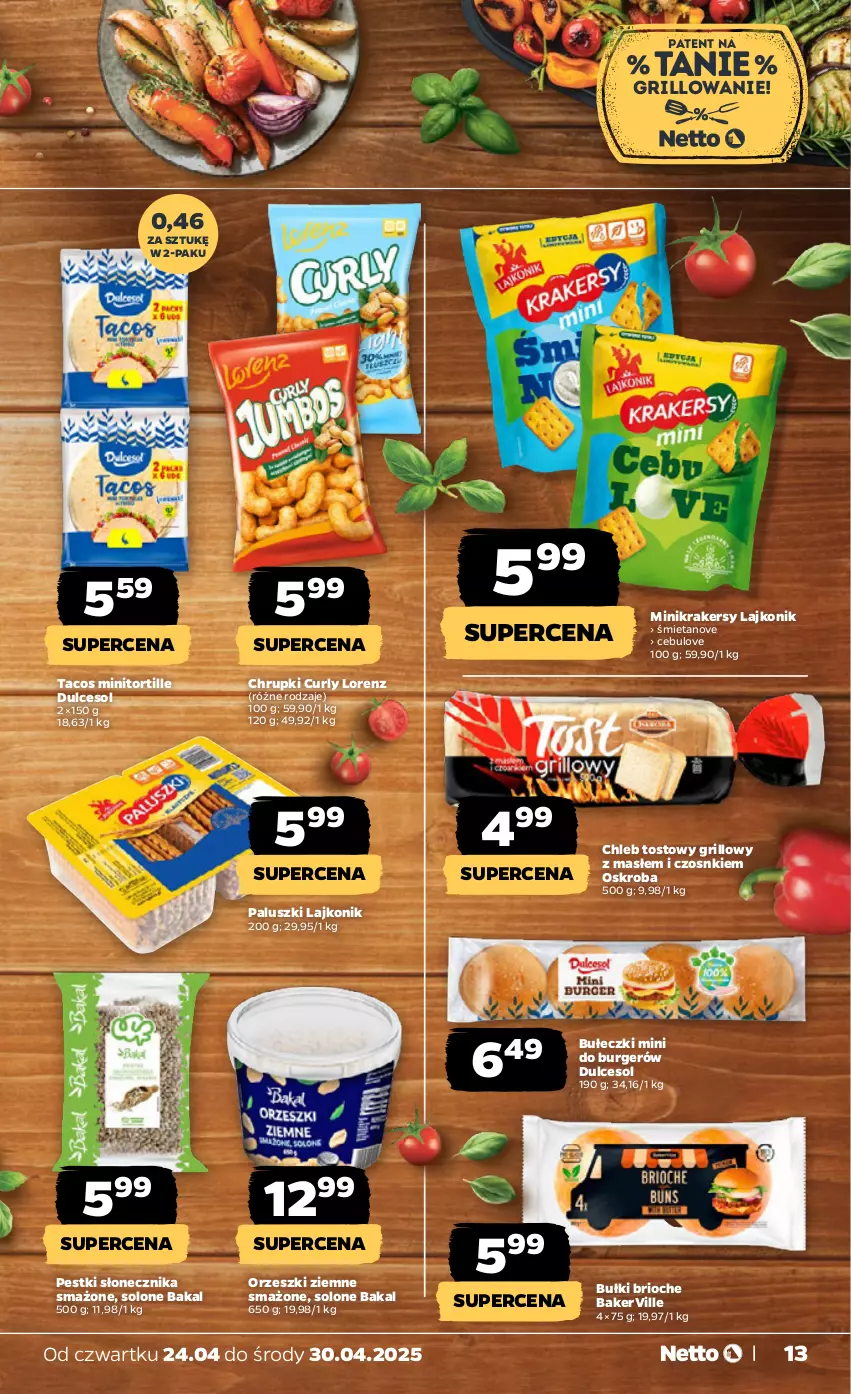 Gazetka promocyjna Netto - Od Czwartku - ważna 24.04 do 30.04.2025 - strona 13 - produkty: Bułeczki, Burger, Chleb, Chleb tostowy, Chrupki, Grill, Krakersy, Lajkonik, Lorenz, Orzeszki, Orzeszki ziemne