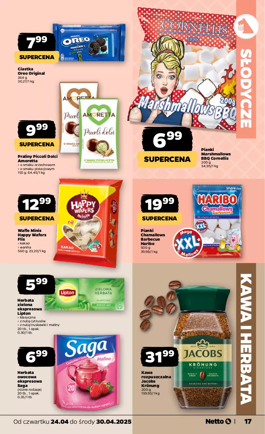 Gazetka promocyjna Netto - Od Czwartku - ważna 24.04 do 30.04.2025 - strona 17 - produkty: Ciastka, Gin, Hama, Haribo, Herbata, Herbata owocowa, Jacobs, Jacobs Krönung, Kakao, Kawa, Kawa rozpuszczalna, Lipton, Maliny, Mars, Marshmallows, Oreo, Praliny, Saga, Truskawki, Wafle